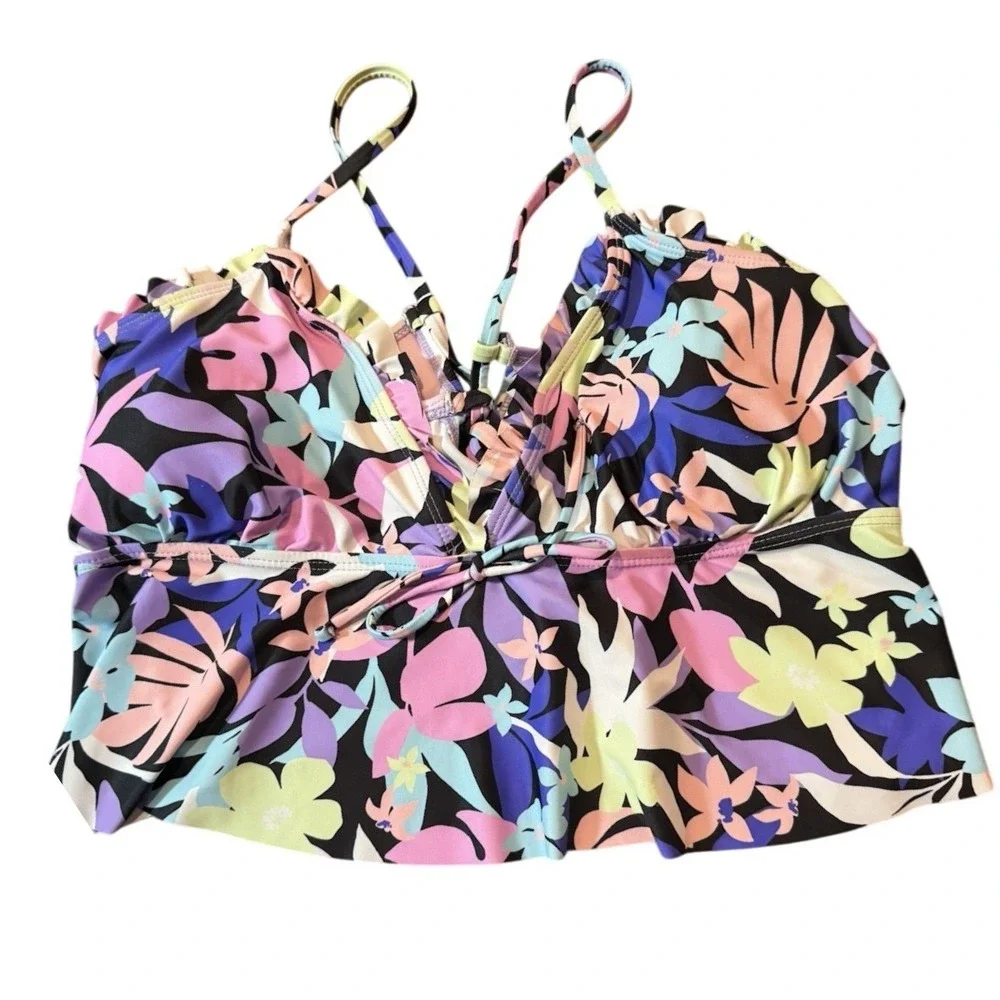 Decree Tropical Floral Ruffle Halter Bikini Swim Top‎ Crop Tankini Women XL